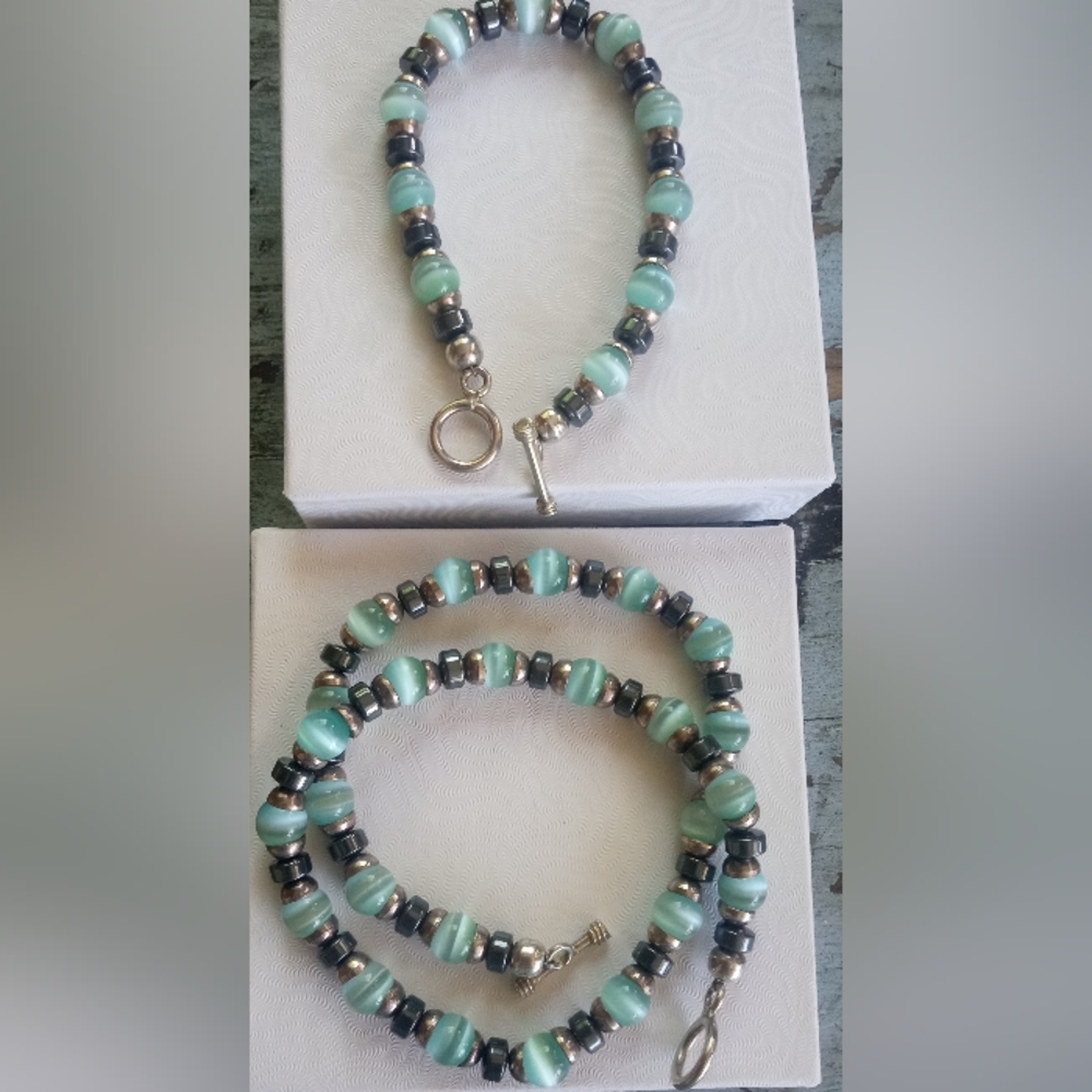 Sterling Silver Blue/Green Cat's Eye Hematite Beaded Vintage Necklace/Bracelet